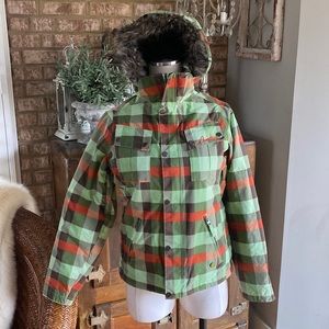 BURTON PLAID FAUX FUR LINED SNOWBOARDING SKI JACKET XS EXCELLENT